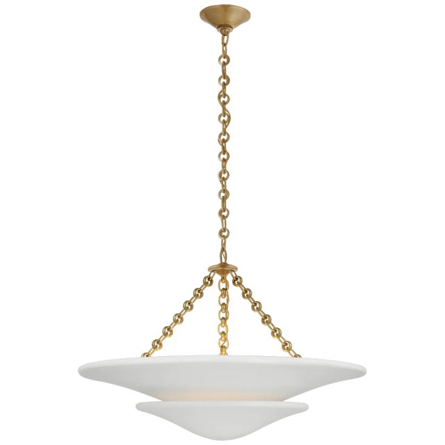AERIN for Visual Comfort Signature Mollino Medium Tiered Chandelier in Hand-Rubbed Antique Brass with Plaster White Shade For Sale