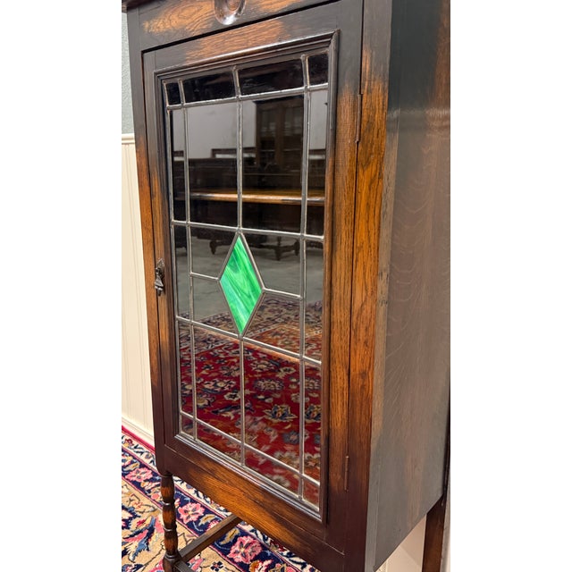 Antique English Arts & Crafts Oak Leaded Stained Glass Bookcase Cabinet c.1930s For Sale - Image 15 of 17