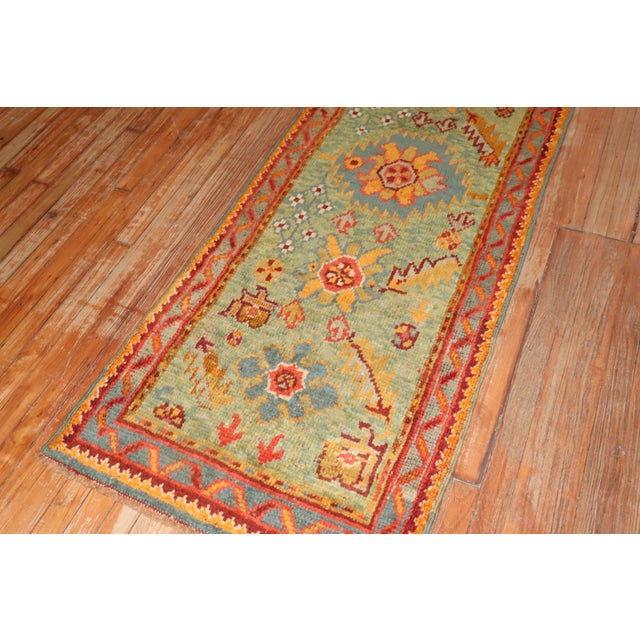 Asian Antique Zabihi Collection Bright Green Antique Colorful Oushak Runner - 2'6" x 15'1" For Sale - Image 3 of 8