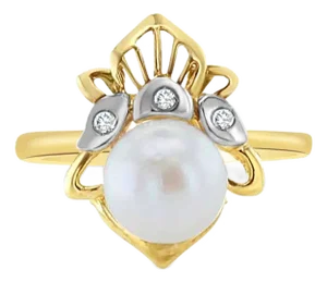 7MM Solitaire Pearl Ring with Diamond Accents Crown Style, Size 8.5
