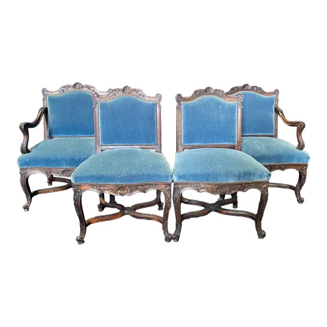 French Louis XV Set of 4 Chairs With Original Blue Mohair Upholstery For Sale
