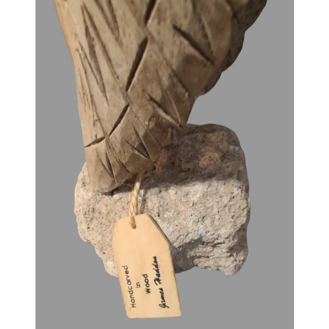 Wood Late 20th Century Pair of Coastal Hand Carved Driftwood Birds on Stone Bases For Sale - Image 7 of 10