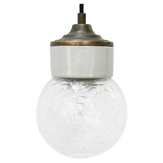 Vintage Industrial Brass Pendant Light in White Porcelain and Clear Glass For Sale