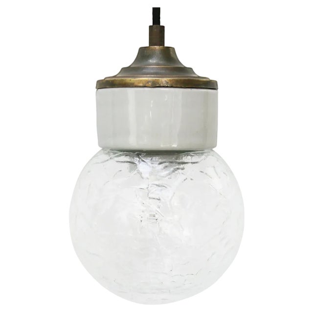White Porcelain Clear Glass Vintage Industrial Brass Pendant Lights For Sale