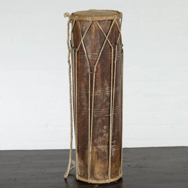 Vintage Thai Wood, Leather and Rope Klong Khaek Processional Double Headed Drum For Sale - Image 11 of 13