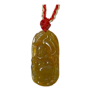 Chinese Yellow Honey Stone Carved Happy Buddha Pendant Necklace Display Art