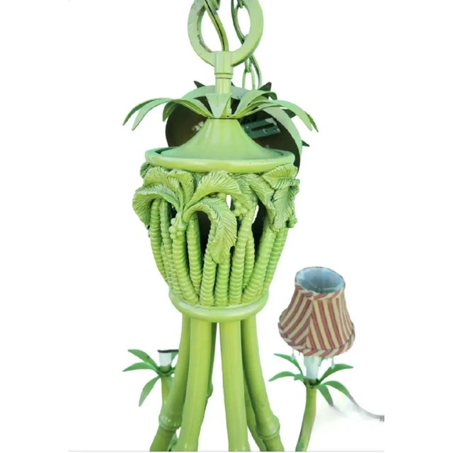 Green Vintage Custom Painted Pale Green Carved Palm Tree Faux Bamboo Iron 6 Light Regency Chandelier For Sale - Image 8 of 10