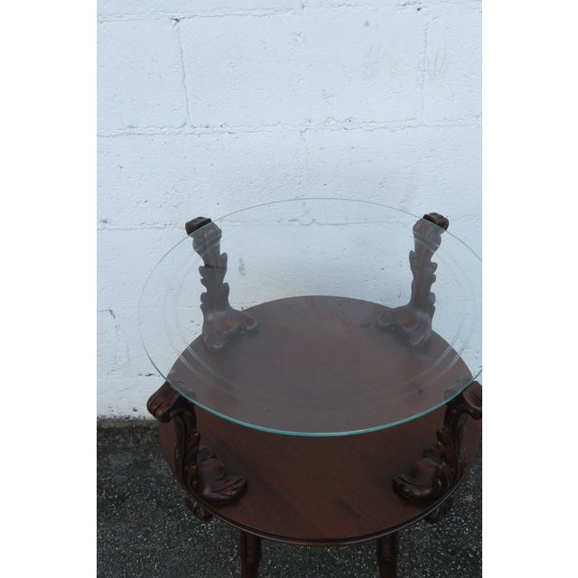 Hand Carved Round Two Tier Mahogany Glass Top Side End Lamp Table 5762 For Sale - Image 12 of 12