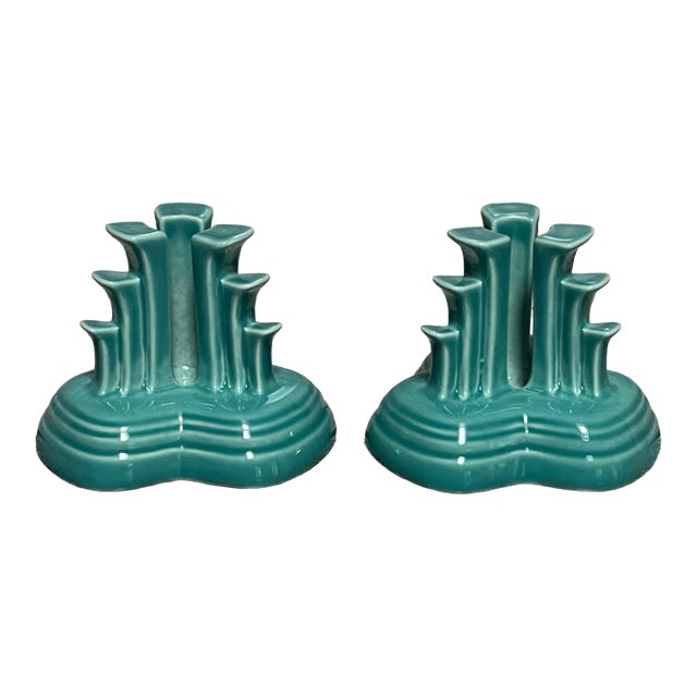 Fiesta Homer Laughlin Turquoise F-107 Pair Pyramid Candlesticks, VTG in Orig Box, Rare For Sale