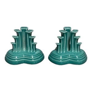 Fiesta Homer Laughlin Turquoise F-107 Pair Pyramid Candlesticks, VTG in Orig Box, Rare