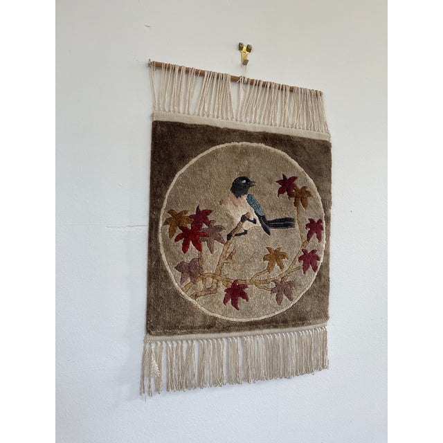 Mid-Century Modern Vintage Hand-Tufted Textile Wall Hanging With Bird and Autumn Leaves Motif, Fringed Decor Panel For Sale - Image 3 of 11