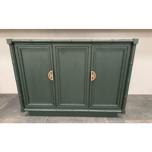 Hollywood Regency Vintage Green Faux Bamboo Sideboard Buffet For Sale - Image 3 of 10