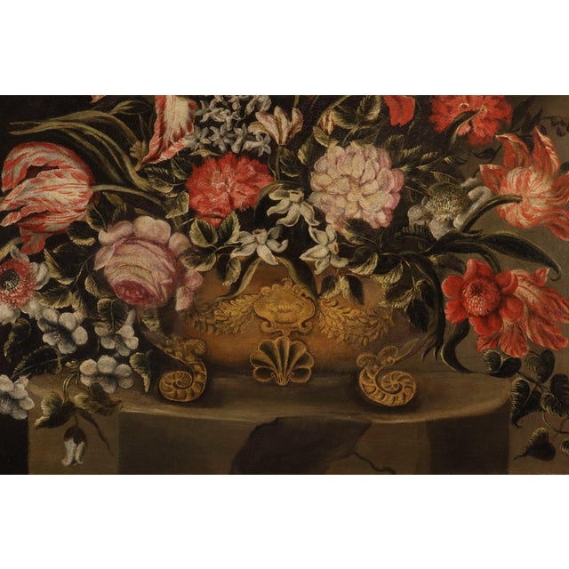 Baroque Maestro dei Vasi a Grottesche, Flower Composition in a Renaissance Vase, 17th Century, Oil Painting on Canvas, Framed For Sale - Image 3 of 15