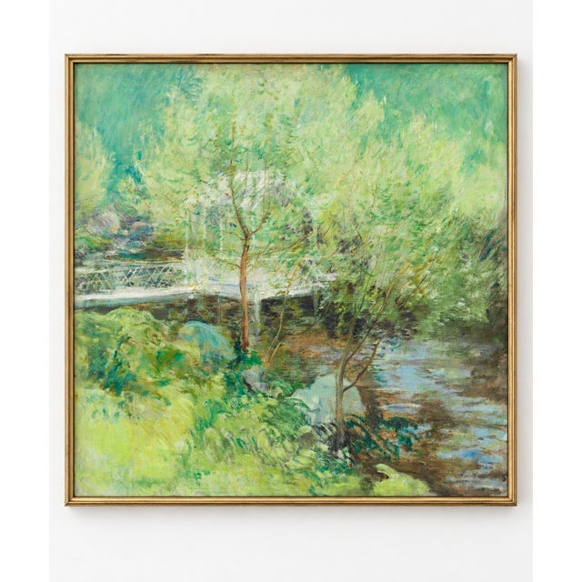 This vintage Impressionist landscape art print features a white garden bridge surrounded by lush greenery and a gently...