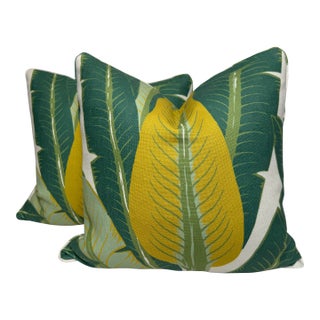 Schumacher "Tropical Isle" in Green on Ivory 22" Pillows-a Pair For Sale