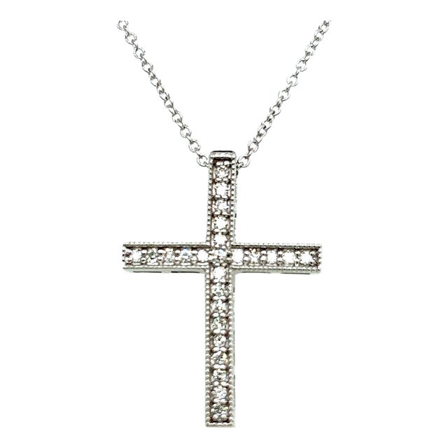 Natural Diamond Cross Pendant with Chain 17" 14k W Gold 0.25 CT Certified For Sale