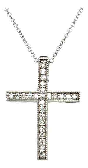 Natural Diamond Cross Pendant with Chain 17" 14k W Gold 0.25 CT Certified