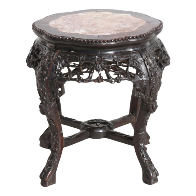 Chinese Carved Hongmu Wood Stand With Marble Insert For Sale