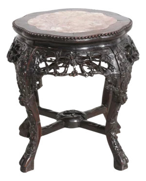 Chinese Carved Hongmu Wood Stand With Marble Insert