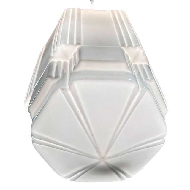 1930s Art Deco Chrome Streamline Pendant Light W/ Skyscraper Milk Glass Shade For Sale In Los Angeles - Image 6 of 6
