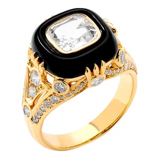 Syna Yellow Gold Ring with Rock Crystal, Black Onyx and Diamonds For Sale