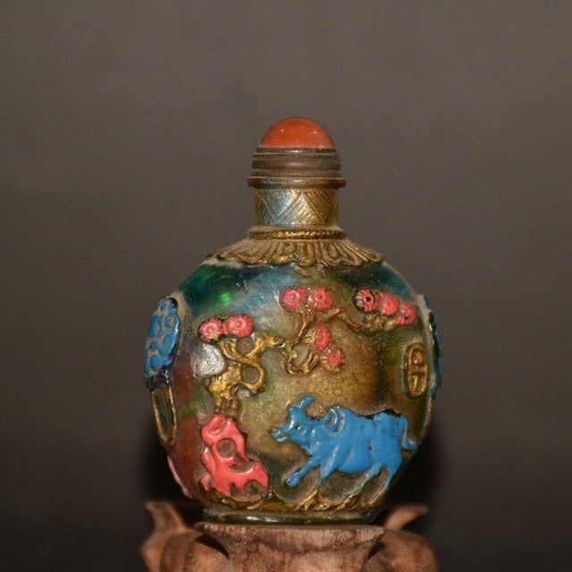Glass Glass Snuff Bottle — Hand-Painted Ox Motif, Blue Enamel & Red Floral Detail, Wood Stand For Sale - Image 7 of 9