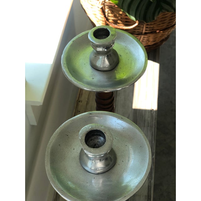 Vintage Mexican Wood & Aluminum Tall Candlestick Holders For Sale - Image 9 of 9