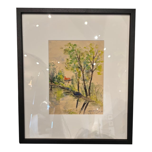 Vintage French Watercolor Drawing 1942 For Sale