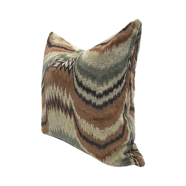 Pair of handcrafted pillows fashioned with a flamestitch pattern in multi fabric on the front and back. Meticulously...