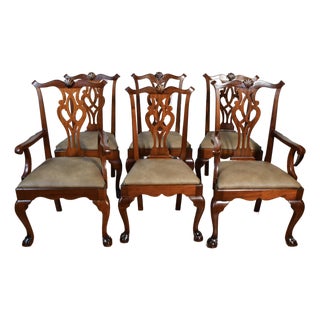 1920 Antique English Chippendale Solid Mahogany Set of Six Dining Chairs Leather Seats For Sale