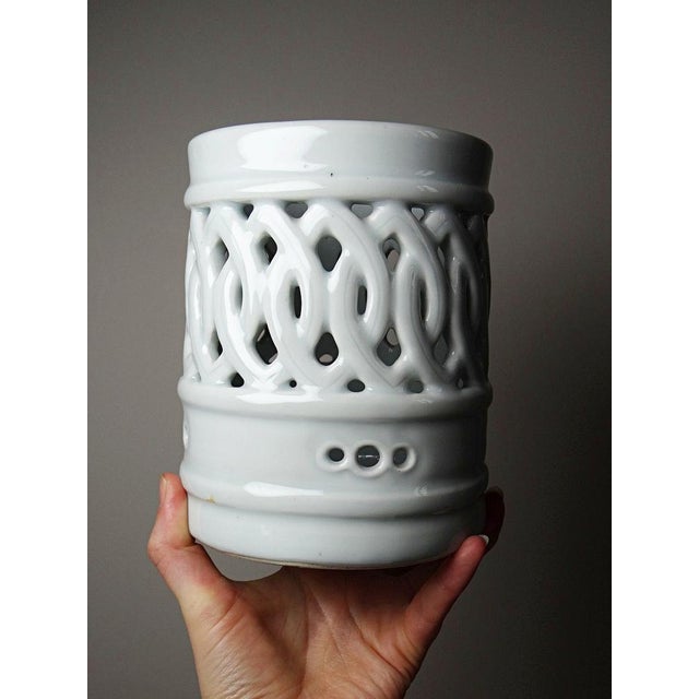 Korean Joseon Style Reticulated Celadon Porcelain Brush Holder, 1950s For Sale - Image 3 of 12