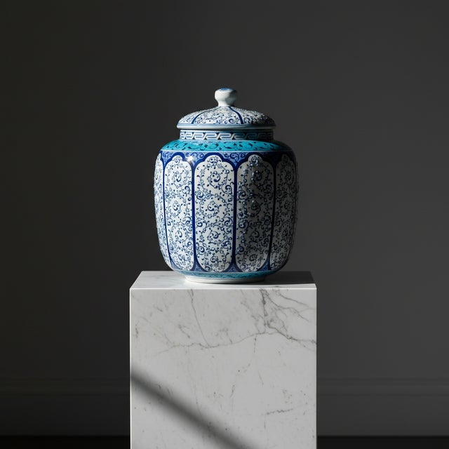 Ceramic Handmade Ceramic Lidded Jar (30cm) Blue Vines & Turquoise Geometric Band – Large Decorative Canister For Sale - Image 7 of 7