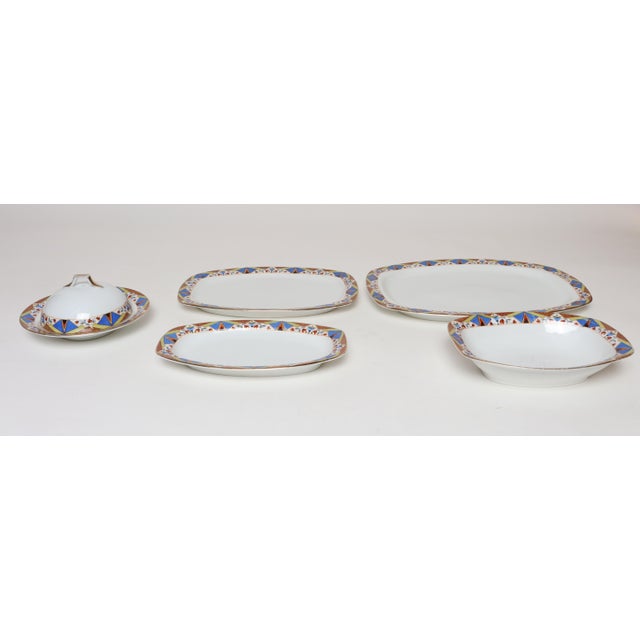 Set of five porcelain serving pieces by Mepoco (ca. 1930, Czechoslovakia). Includes a butter dish with domed cover/lid and...