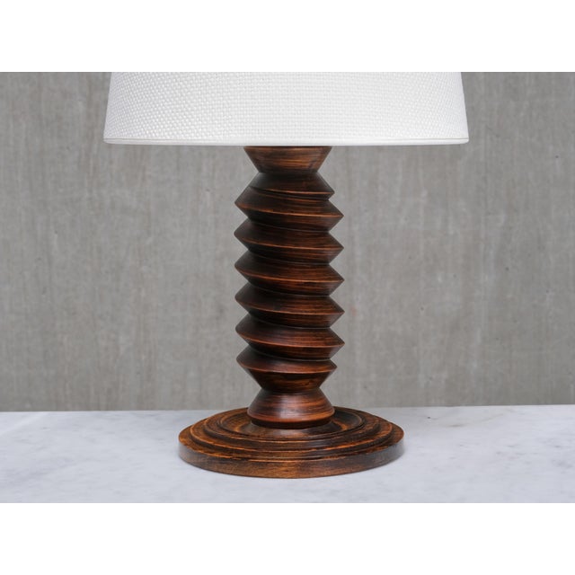 1950s Sculptural Charles Dudouyt attributed Table Lamp in Oak and Linen, France, 1950s For Sale - Image 5 of 12