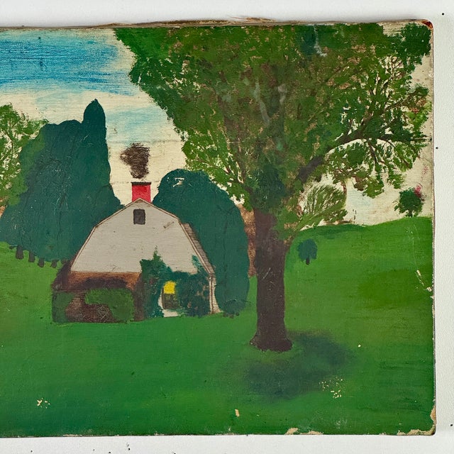 Late 19th Century Lovely Naive Folk Art Primitive Antique Painting of a White Cottage in a Rural Green Field Scene For Sale - Image 5 of 9