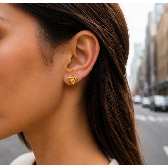 Geometric Heart Citrine Stud Earrings, Silver, Gold, Pair For Sale - Image 9 of 9