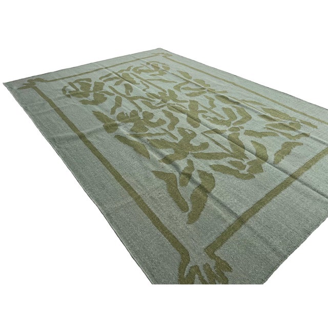 Not Yet Made - Made To Order Handmade Woolen Flat Weave Geometric Floral Patterned Mint Green Area Rug - 6.5'x9' For Sale - Image 5 of 13