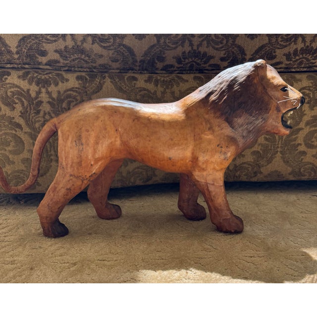 Vintage Large Handcrafted Leather Lion Sculpture, 23” For Sale - Image 4 of 9