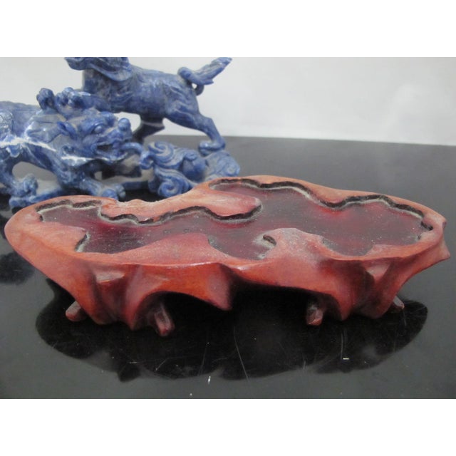 Wood Chinese Carved Lapis Lazuli 2 Foo Dog Playing Figurine on Wood Stand For Sale - Image 7 of 12