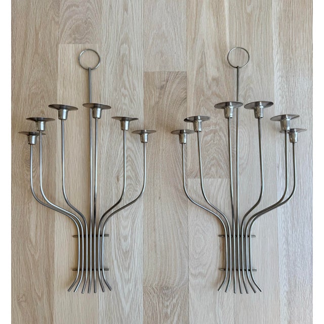 Metal 1970s Monumental Mid-Century Modern Silvered Brass 7-Light Candle Sconces, Attributed to Tommi Parzinger – A Pair For Sale - Image 7 of 7