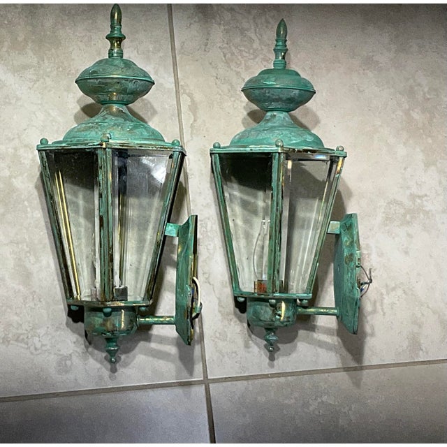 Green : Pair of Vintage Solid Brass Outdoor Wall Lanterns / 16” High For Sale - Image 8 of 15