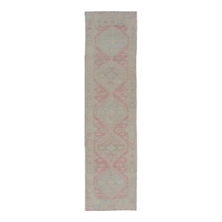 Modern Hand Knotted Oushak Runner With Medallions in Pink's and Creams For Sale