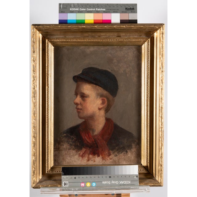 Unknown, Portrait of a Young Boy with Cap and Red Scarf, Oil Painting For Sale - Image 11 of 12