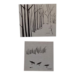 Vintage 1970s Marushka Signed Screen Print Fabric Wall Art, Trees Forest & Sandpipers at the Seashore, Set of 2 For Sale