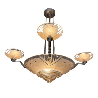 Art Deco Chandelier in Salmon-Colored Sandblasted and Polished Clear Glass from Muller Frères For Sale