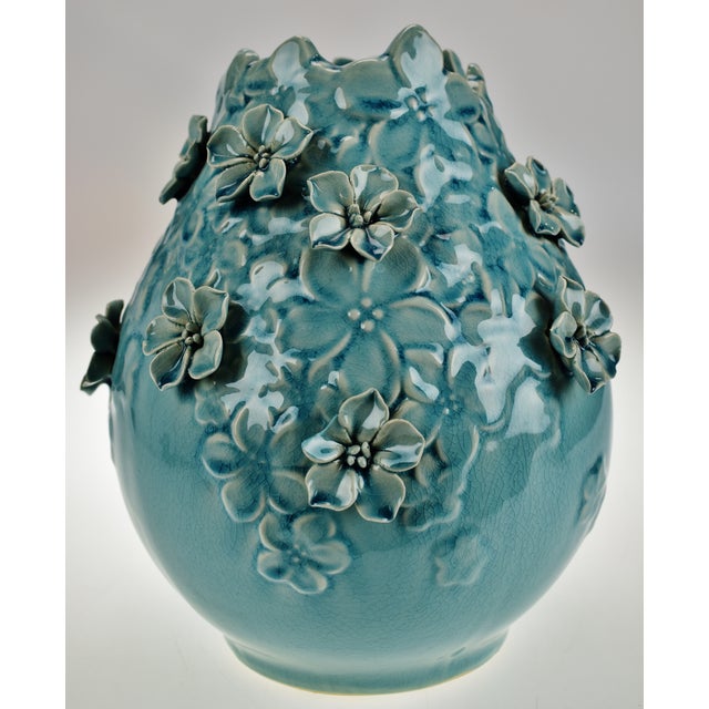 Vintage Floral Applique Glazed Ceramic Pottery Vase Chairish