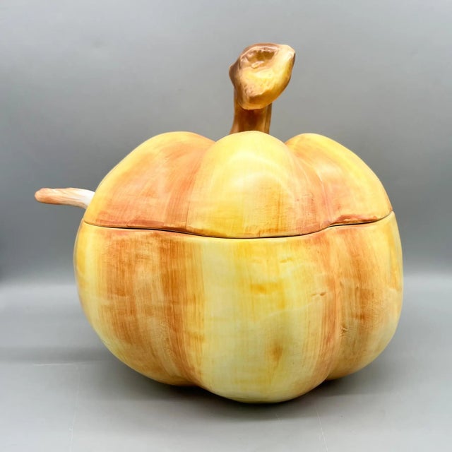 Late 20th Century Vintage Italian Hand-Painted Pumpkin Tureen With Ladle – Majolica / Country French / Farmhouse Cottage For Sale - Image 5 of 14
