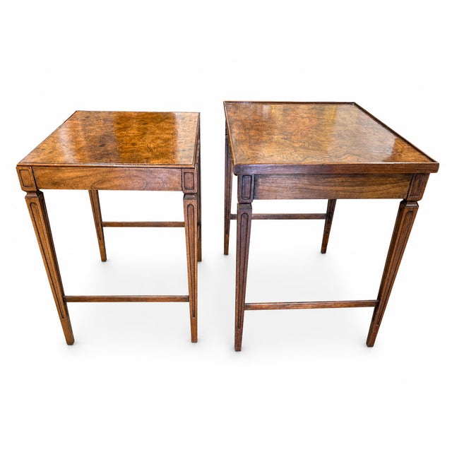 Baker Furniture Company Pair of Baker Furniture Burl Wood Nesting Tables With Gallery Tray Tops For Sale - Image 4 of 11