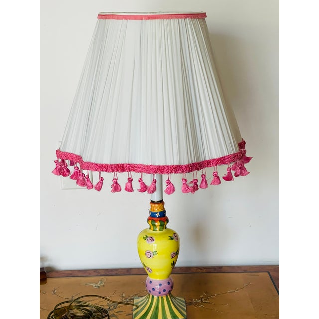 Shabby Chic 1970s Shabby Chic McKenzie and Childs Handpainted Lamp With Pleated Shade For Sale - Image 3 of 5
