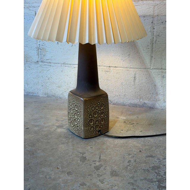 Tan Ceramic Table Lamp With Pleated Paper Shade Danish Mid-Century Modern 1970s For Sale - Image 8 of 10